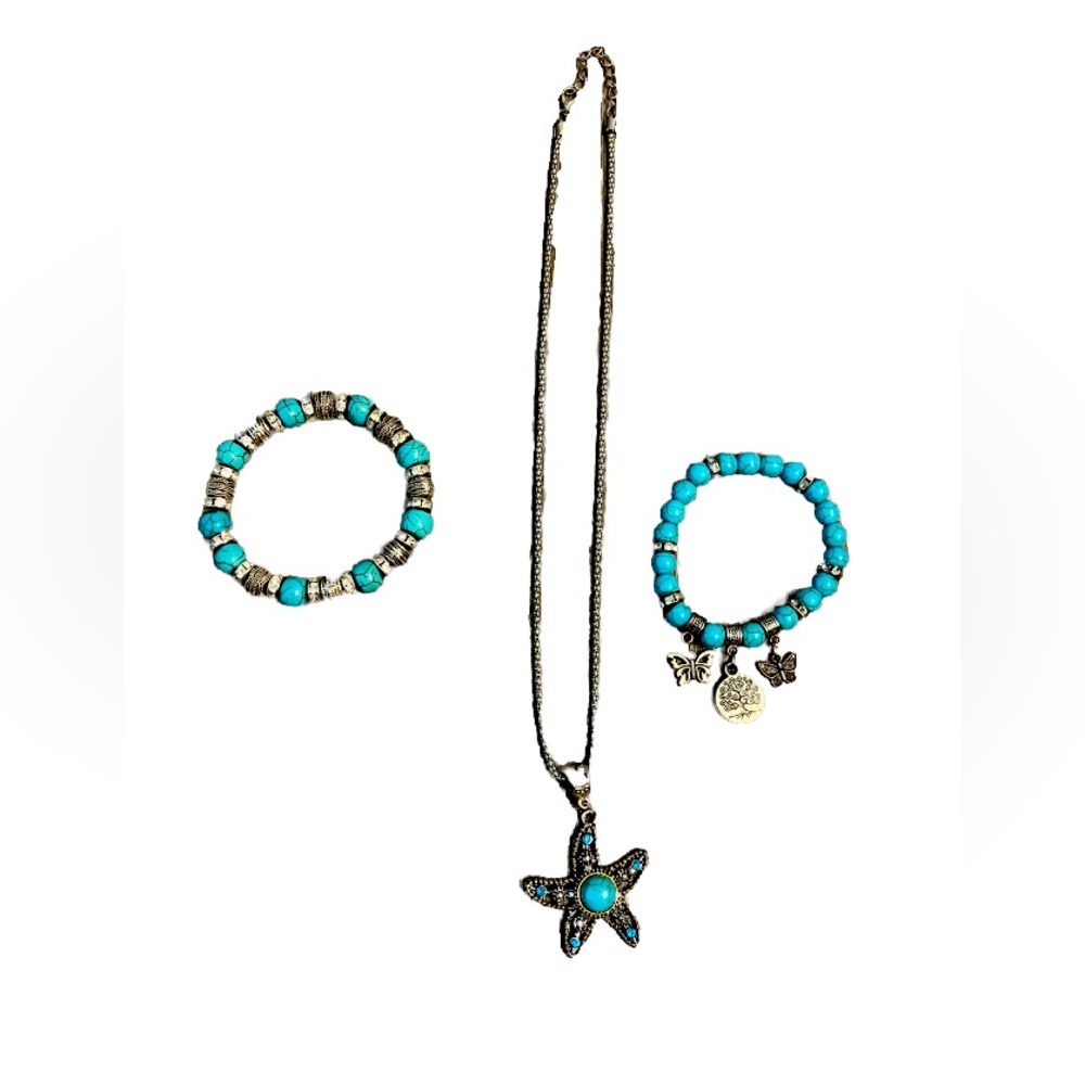 Light Blue Pretty Starfish Necklace & Beaded Stretchy Sparkly Charm Bracelet Set